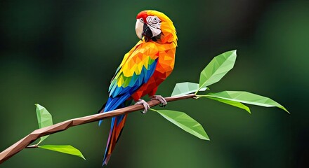 Obraz premium High-quality low poly digital art of a vibrant parrot perched on a leafy green branch with geometric shapes-gigapixel-art-scale-_x_PerfectlyClear