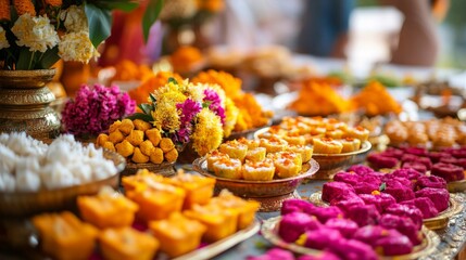 Fototapeta premium Colorful Sweets And Flowers Arranged Beautifully For A Ceremony
