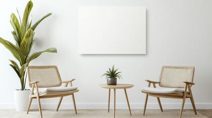 Modern living room featuring two stylish chairs, round table, and decorative plant, creating serene atmosphere