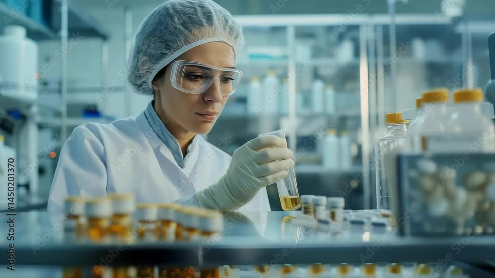Poster a female lab technician is working with samples in a science laboratory. she is wearing safety glass