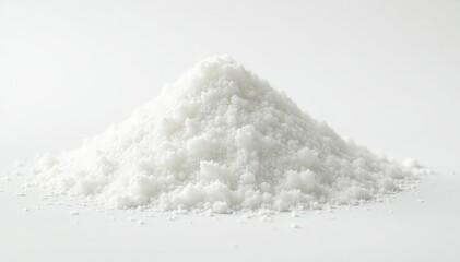 Pile of white granulated sugar on white background, texture, isolated