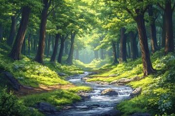 Sunlit Forest Stream, Lush Greenery, Peaceful Scene, Nature Background, Ideal for Relaxation