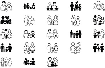 Fototapeta premium Black Silhouette Family and Relationship Icon Set – Vector Collection of Meaningful Glyph Pictograms Representing Couples, Parents, Children, Elderly, Pregnancy, Single Parenthood, and Community.