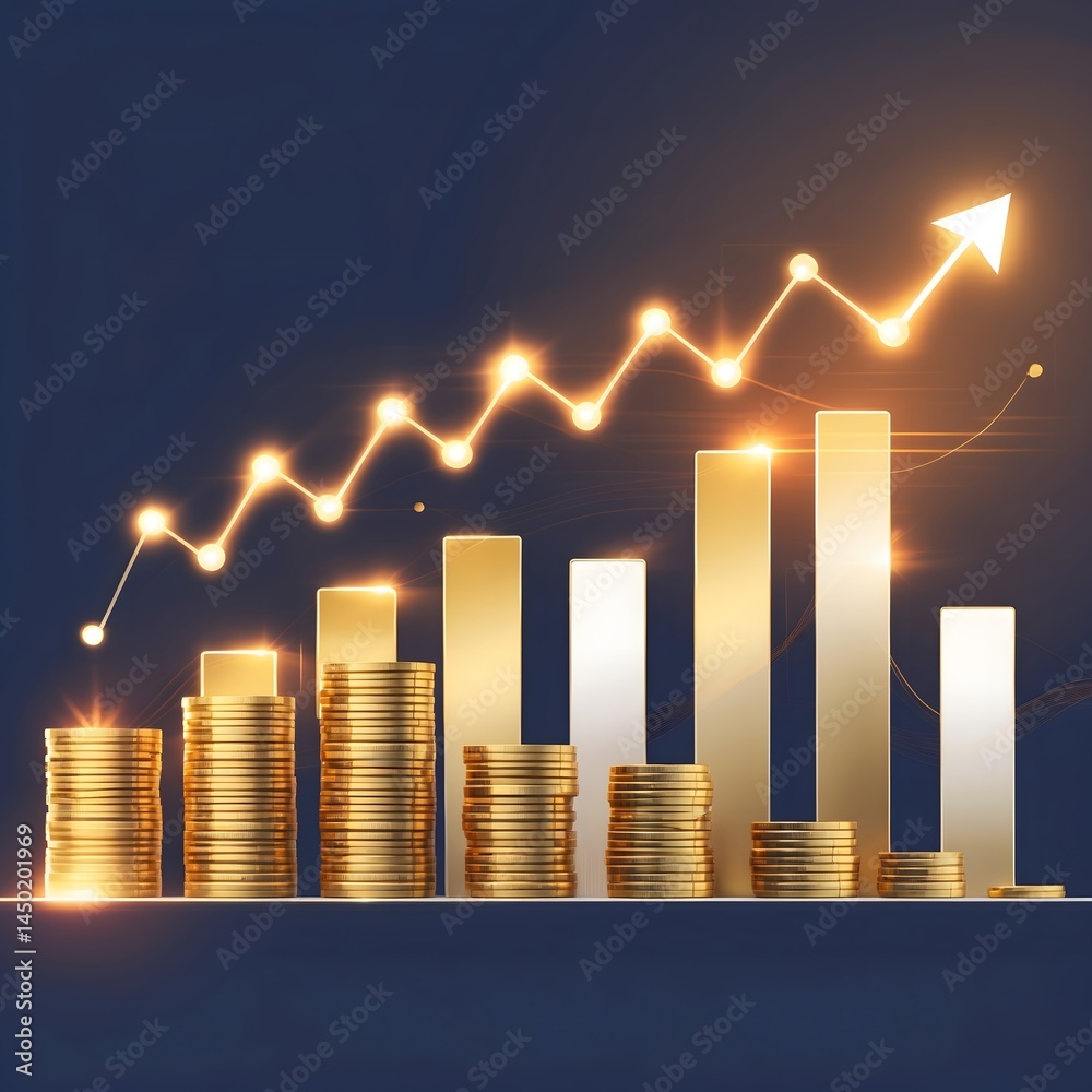 Poster golden coins and bar graph with an upward arrow, representing growth in business.