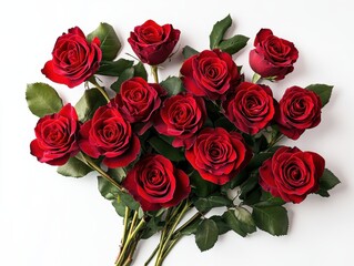 Obraz premium Fresh Red Roses Arrangement with Green Leaves for Romantic Occasions and Celebrations in Bright Light Background