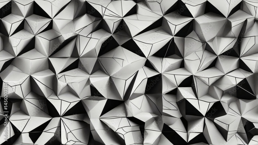 Aufkleber a black and white abstract geometric polygonal design. The image consists of a pattern of three-dimensional triangles and facets with a play of light and shadow