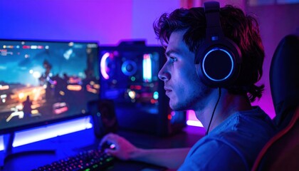 Gaming action at home a young man engaged in computer gaming modern room digital environment side view technology concept