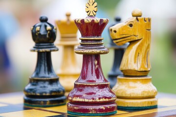 Close-up view of chess pieces on a wooden board.?A?red queen,?a?black rook, and?a?light?yellow?knight?are?in?focus,?while?other?pieces?are?out-of-focus?in?the?background