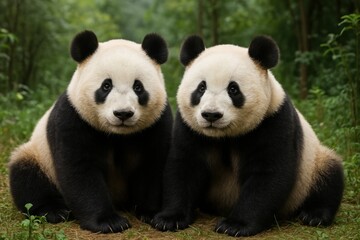 Obraz premium Adorable pandas in lush forest.