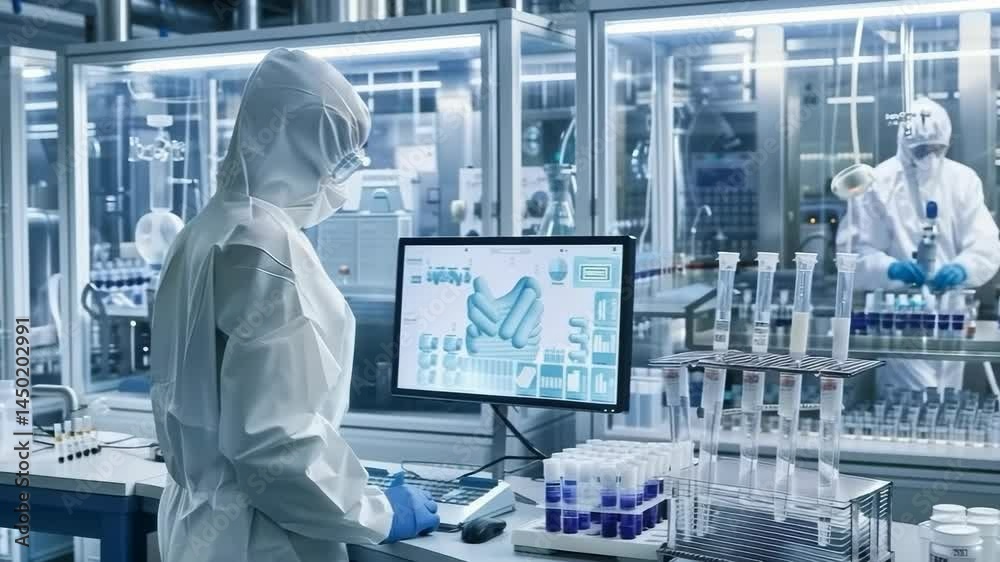 Aufkleber A scientist in a protective suit works at a lab bench, analyzing data on a computer monitor, with test tubes visible in the scene, representing scientific research and medical advancements.