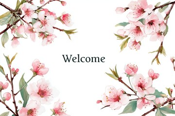 Obraz premium Cherry blossom branches forming a frame around Welcome text, delicate watercolor style, white background