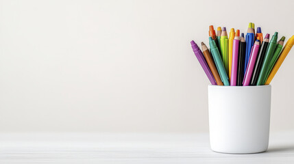 Fototapeta premium Colorful pencils arranged in white container on light background, creating vibrant and artistic atmosphere