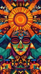 Obraz premium A vibrant, geometric design featuring a stylized face, sun, and tribal patterns. Bold colors and intricate shapes create a mesmerizing, abstract piece