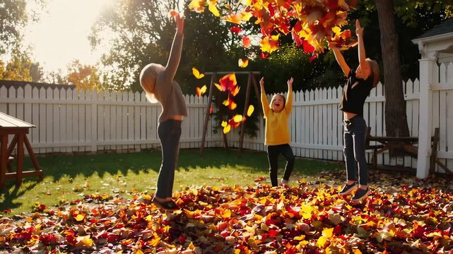 Children playing with autumn leaves in backyard