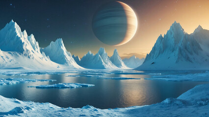 Surreal Ice Mountains and Frozen Lake on Alien Planet with Distant Gas Giant