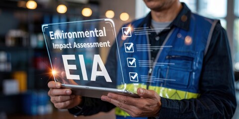 Technical worker reviewing environmental impact assessment.