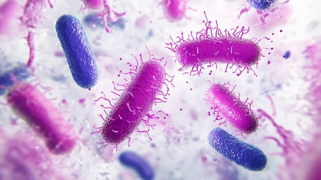 Detailed illustration of Gram staining process Gram positive Gram negative bacteria under microscope violet pink stain clearly visible bacterial cell wall clean scientific style white background no