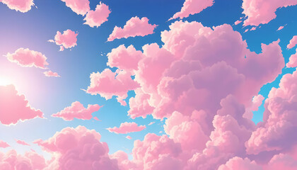 Vibrant Pink Clouds Illuminated by Bright Sunlight in a Clear Blue Sky