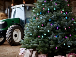 Christmas tree decorated with colorful lights in a barn setting, with a tractor in the background
