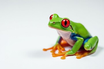 Obraz premium Single vibrant red-eyed tree frog on pure white, red eyes, macro