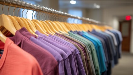 Colorful array of shirts on wooden hangers in a clothing store.