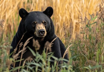 Fototapeta premium Majestic black bear amidst golden grasses in natural habitat, showcasing wildlife beauty and serenity in the wild for nature enthusiasts and photographers