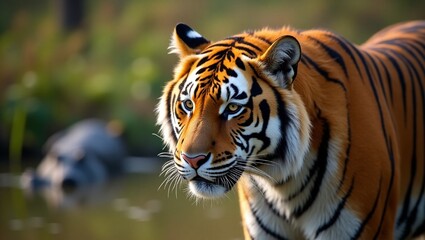 Fototapeta premium Close tiger male. Wild adult animal in thGharial, Gavial, Gavialis gangeticus, Fish Eating Crocodile, Wetlands, Royal Bardia National Park, Bardiya National Park, Nepal, Asiae natural habitat