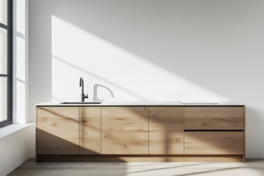 Fototapeta White, empty wall in a minimalist kitchen interior with wooden cabinets and a sink.