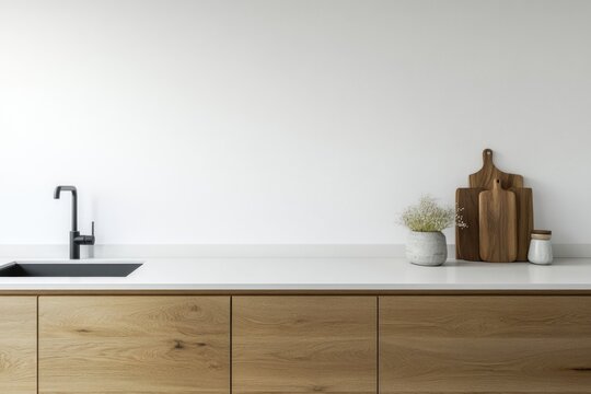 Fototapeta White, empty wall in a minimalist kitchen interior with wooden cabinets and a sink.