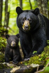 Fototapeta premium Majestic black bear and her adorable cub in a lush forest setting, capturing a moment of bond and nature's beauty in vibrant greenery