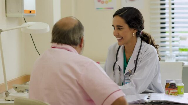 Slow motion video advice, consult : Hispanic female nutritionist doctor giving advice, consult to fat man stroke patient, Preventive Medicine Health Check-up in Progress