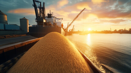 Bulk carrier unloading massive quantities of grain at industrial port, cranes pouring golden streams into waiting silos under bright sun