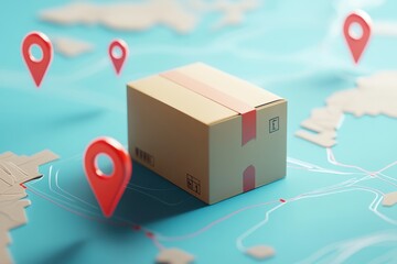 Cardboard box with location pins on a blue map representing global shipping