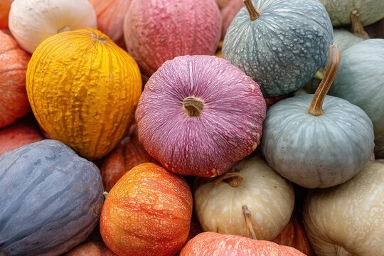 A vibrant assortment of multicolored pumpkins in various shapes and textures.