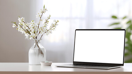 Laptop with blank screen and spring flowers in vase on table