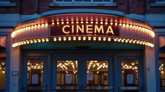 The camera slowly approaches the cinema entrance with flickering marquee lights, capturing a nostalgic evening atmosphere, at the end a man walking by