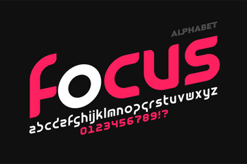 Focus. Lower case modern font design, alphabet letters and numbers vector illustration