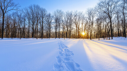 Obraz premium Serene snow covered landscape with tall trees and bright sun rising in background, creating peaceful winter scene