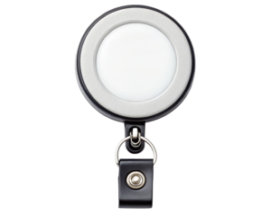 Retractable badge holder with clip attachment on a transparent background