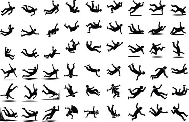 Falling People Silhouette Set | Human Falling Poses Vector Collection Falling Man Woman Silhouettes | Danger, Accident, Action Icons