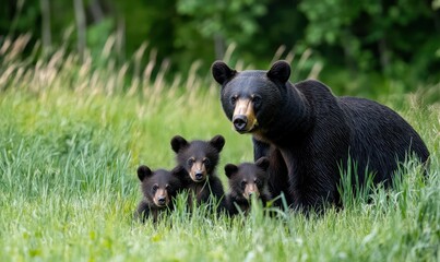 Fototapeta premium Majestic Black Bear Family in Lush Green Meadow with Three Adorable Cubs Playing and Relaxing Together in Their Natural Habitat in Spring Sunshine