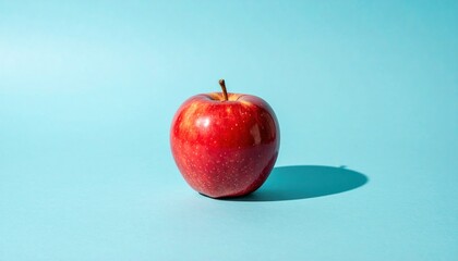 Single red apple against blue background food photography minimalist style studio setting close-up view healthy eating concept