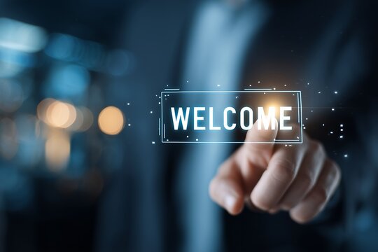 message for presentation, business, technology, innovation concept. Businessman touching screen with Welcome text on smart background expressing gratitude