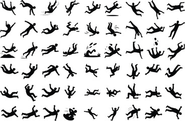 Falling People Silhouette Set | Human Falling Poses Vector Collection Falling Man Woman Silhouettes | Danger, Accident, Action Icons