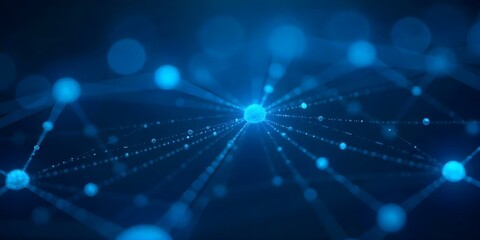 Obraz premium Abstract blue network with glowing nodes and connecting lines, creating a sense of connectivity and technological advancement, set against a dark blue background