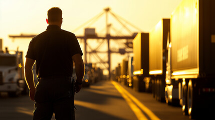 Security guard checking IDs at port entrance gate, trucks loaded with containers lined up in bright sunlight