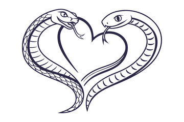 Fototapeta premium Two snakes forming love heart, romantic serpent outline illustration on a white background