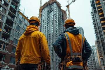 Fototapeta premium Construction workers observing progress on a high-rise building in an urban setting