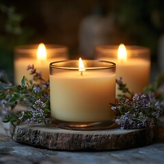 three lit candles sitting on a piece of wood