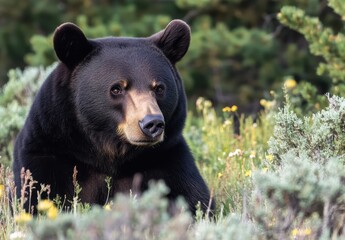 Fototapeta premium Majestic Black Bear in Lush Green Forest Surrounded by Vibrant Wildflowers and Natural Beauty